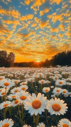 Daisy Feld Sonnenuntergang Kunstdruck - Goldener Himmel Natur Landschaft (Digitaler Download).webp